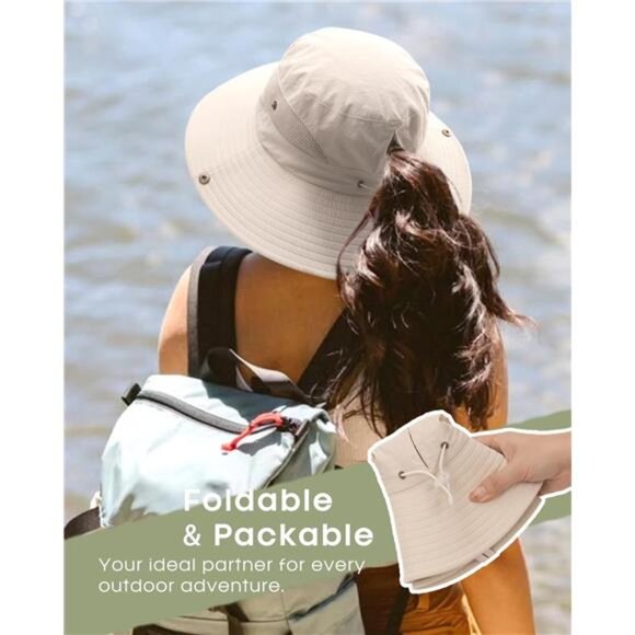 Womens Sun Hat UPF 80 Wide Brim Beach Hiking Outdoor Foldable Ponytail Hole Hat - Picture 4 of 8